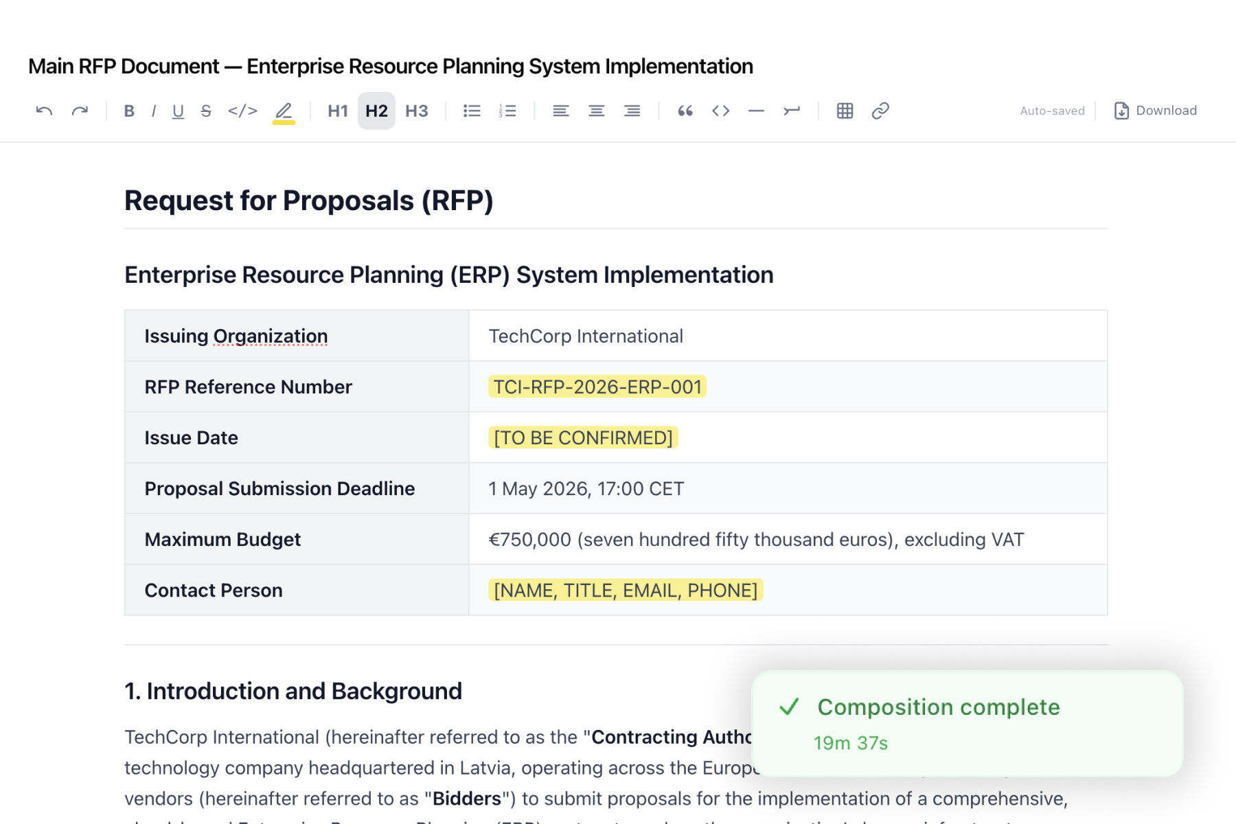AI-composed RFP document