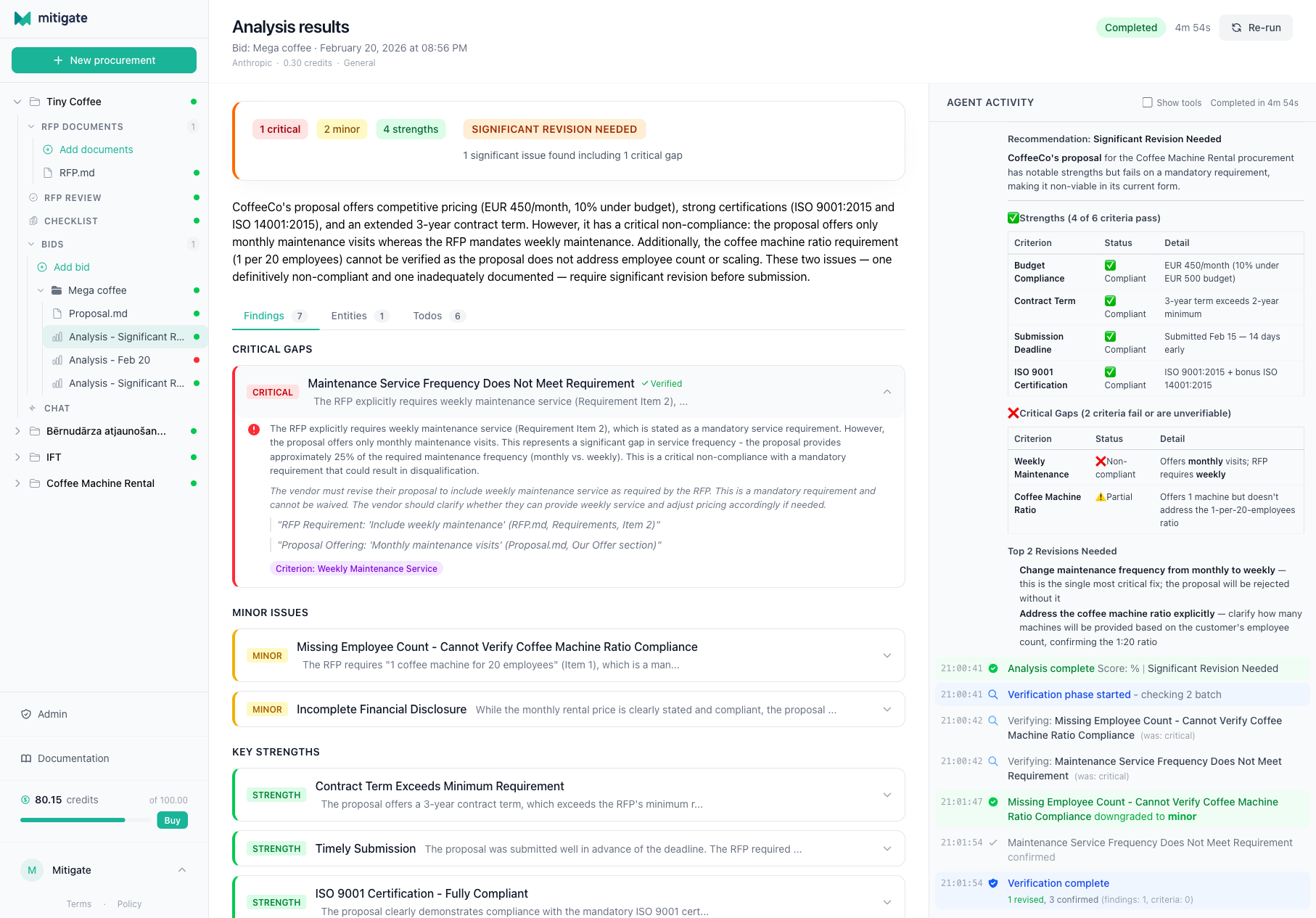 Expanded finding card showing description, recommendation, evidence quotes, and provenance badge