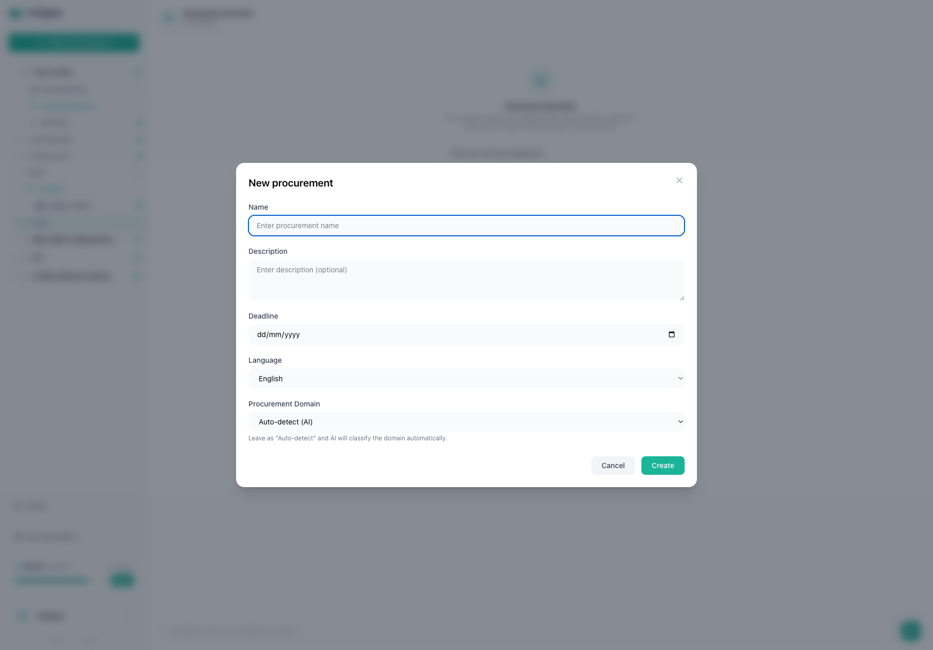 New procurement modal with purpose picker, name, language, and domain fields