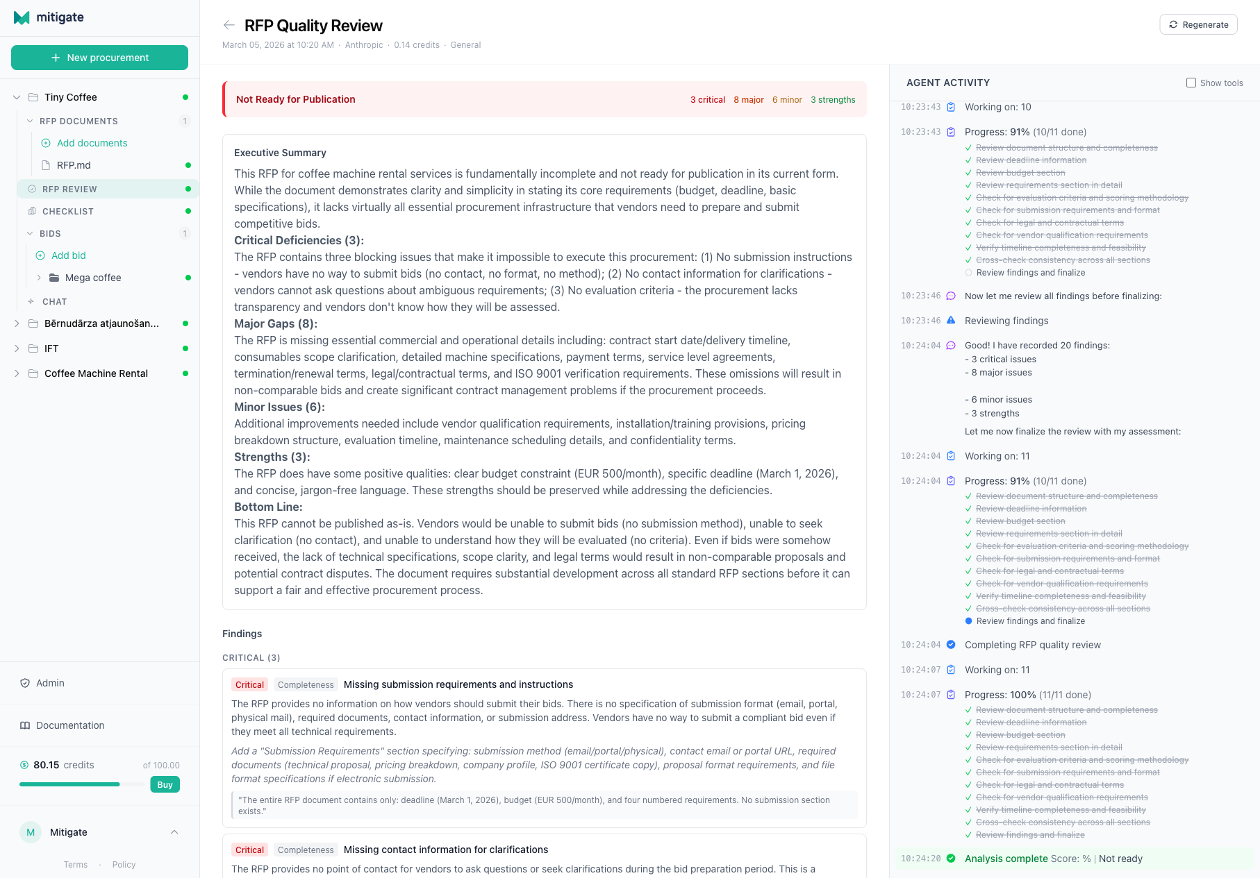 RFP Quality Review showing the executive summary, findings, and agent activity panel